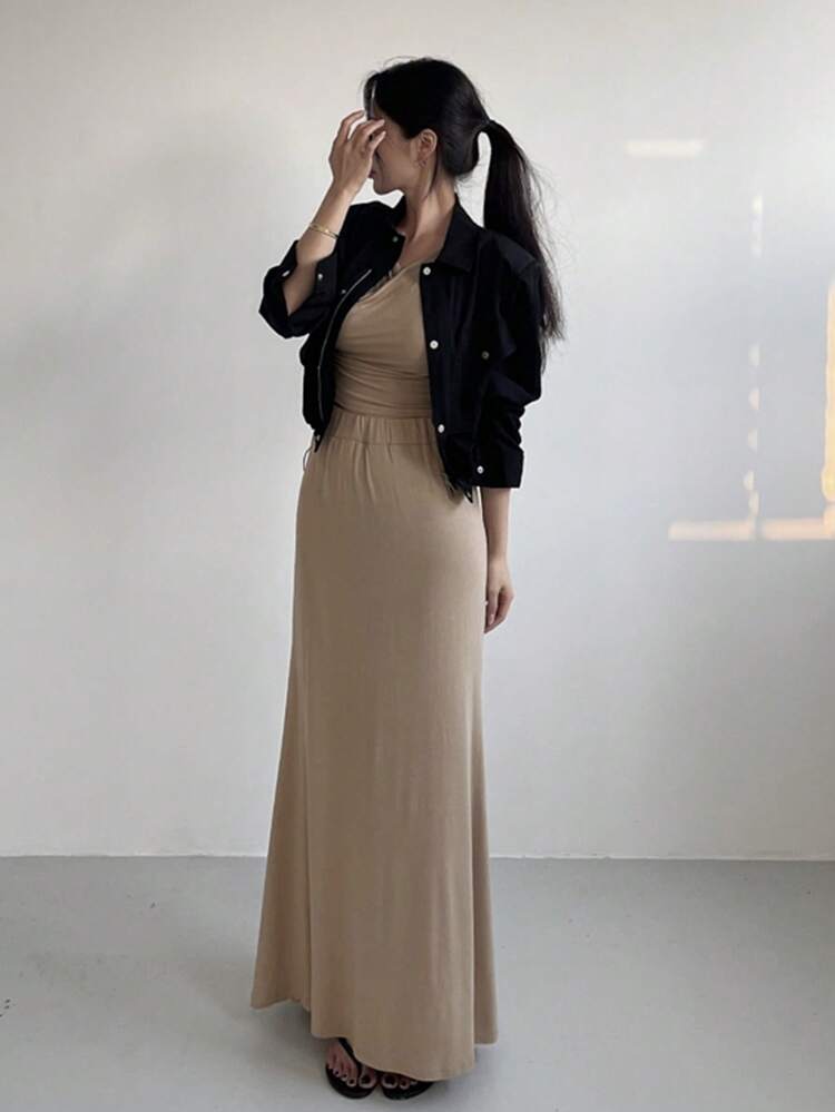 2pcs Women Plain Color Bodycon Skirt Set, Khaki, Spring/Summer