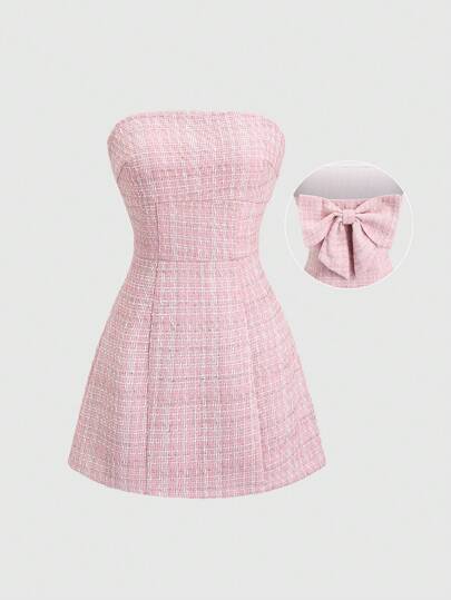 Sweetra Dammode Elegant högkvalitativ rosa tweed-rosettdekor Rör-miniklänning, mångsidig