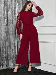 SHEIN Clasi Women's Solid Color Lace Patchwork Long Sleeve Tie Front Casual Red Jumpsuit - Burgundy - View 5