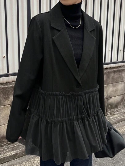 FRIFUL 女性用 無地 前ボタン 長袖 プリーツ カジュアルブレザー、フリル ビジネスアテイア