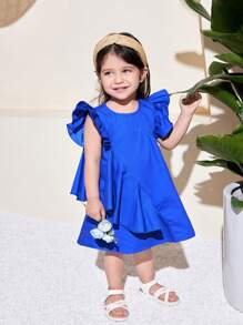 SHEIN 可爱蓝色荷叶边盖袖女童夏装 - 藍色 - 查看 5