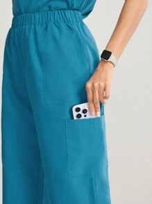 TaskEZ 2pcs Set Solid Color V-Neck Short Sleeve Top And Long Pants, Nursing Scrub Uniform - Teal Blue - View 7