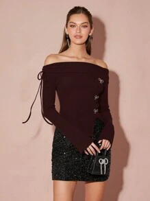 Enchnt 女士露肩长袖休闲上衣，带蝴蝶结装饰