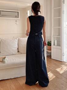 DAZY Western Style Women's Cowboy Clothing V-Neck Vest Wide-Leg Pants Women's Denim Suit Work Women Clothes - Dark Wash - View 2