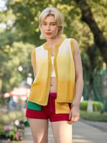 Skyraze Ombre Knit Cardigan Vest, Casual For Vacation,Gradient Pattern - Multicolor - View 6