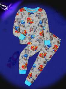 SHEIN 2pcs Young Boys Alien Print Glow-In-The-Dark Knit Round Neck Long Sleeve Top & Long Pants Snug Fit Sleepwear Set - Multicolor - View 3