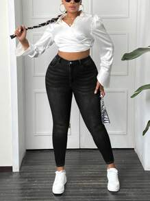 SHEIN EZwear Plus Size Front Button Pocket Simple Fitted Casual Black Jeans - Black - View 6