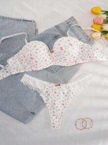 PetitDoll 2pcs/Set Women Lace Patchwork Wirefree Lingerie Bra And Panty Set, Spring Clothes - White - View 3