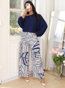 SHEIN Clasi Plus Size Asymmetric Neck Long Sleeve Top With Floral Print Long Pants Cooling Dress Stress Relief Outfit Evening Long Gown, Elegant Fashion Women Loungewear