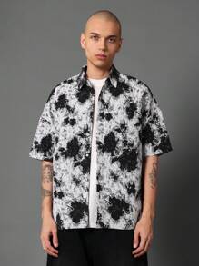 SUMWON 花卉挂毯印花短袖纽扣衬衫宽松夏季节日街头风格都市时尚休闲装图案经典领口 - 黑與白 - 查看 2