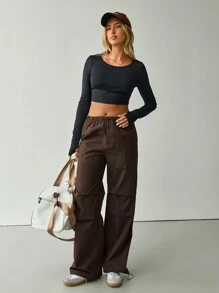 Hanevo Damen Hose mit elastischem Bund, weites gerades Bein, plissiert, Lässig, Herbst/Winter