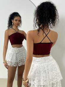 Eraneu Top de tirantes de mujer sin costuras acanalado, capa base - Rojo - Ver 2