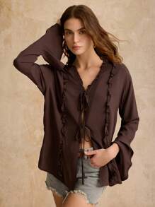 Poéselle Áo dài tay màu nâu, viền bèo nhún, buộc dây phía trước, áo nữ, áo dài, phong cách Boho, áo dài, áo đi chơi, áo cánh thường ngày dài tay buộc bèo nhún màu trơn phía trước cho nữ, thoải mái và giản dị, thích hợp mặc hàng ngày, dạo phố, đi làm, ngày lễ, ở nhà và các dịp khác - Cà phê nâu - Xem 4