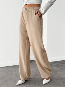 Siren Gaze Solid Zipper Fly Wide Leg Trousers - Khaki - View 4