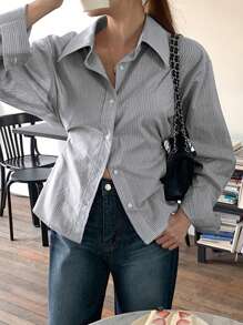 DAZY Damen gestreiftes Hemd mit Kragen und taillierter Passform, Business Lässig, Schwarz, Frühling/Sommer, Herbst Langarm-Oberteil - Schwarz - Übersicht 2