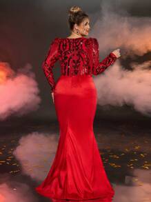 Glamrae Plus Size Formal Evening Gown With Sequin Patchwork, Chain Decor & Puff Sleeves, Wedding Guest Dress - Red - View 3