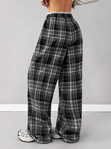 SHEIN EZwear Women's Spring Summer Daily Wear Y2K Fashion Streetwear Athleisure 90s Fashion Vintage Plaid Contrast Lace Drawstring Elastic Waistband Black And White Baggy Wide Leg Pants