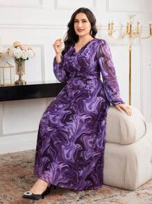 Modelyn 大码优雅大理石印花长裙 - 紫色 - 查看 7