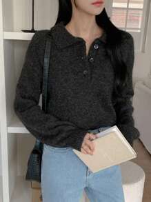 DAZY 女士纯色休闲针织毛衣，时尚日常穿着秋冬 - 深灰色 - 查看 7