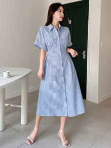 DAZY Women Striped Waistband Shirt Dress, Mid-Length Sundress,Casual Women Dresses