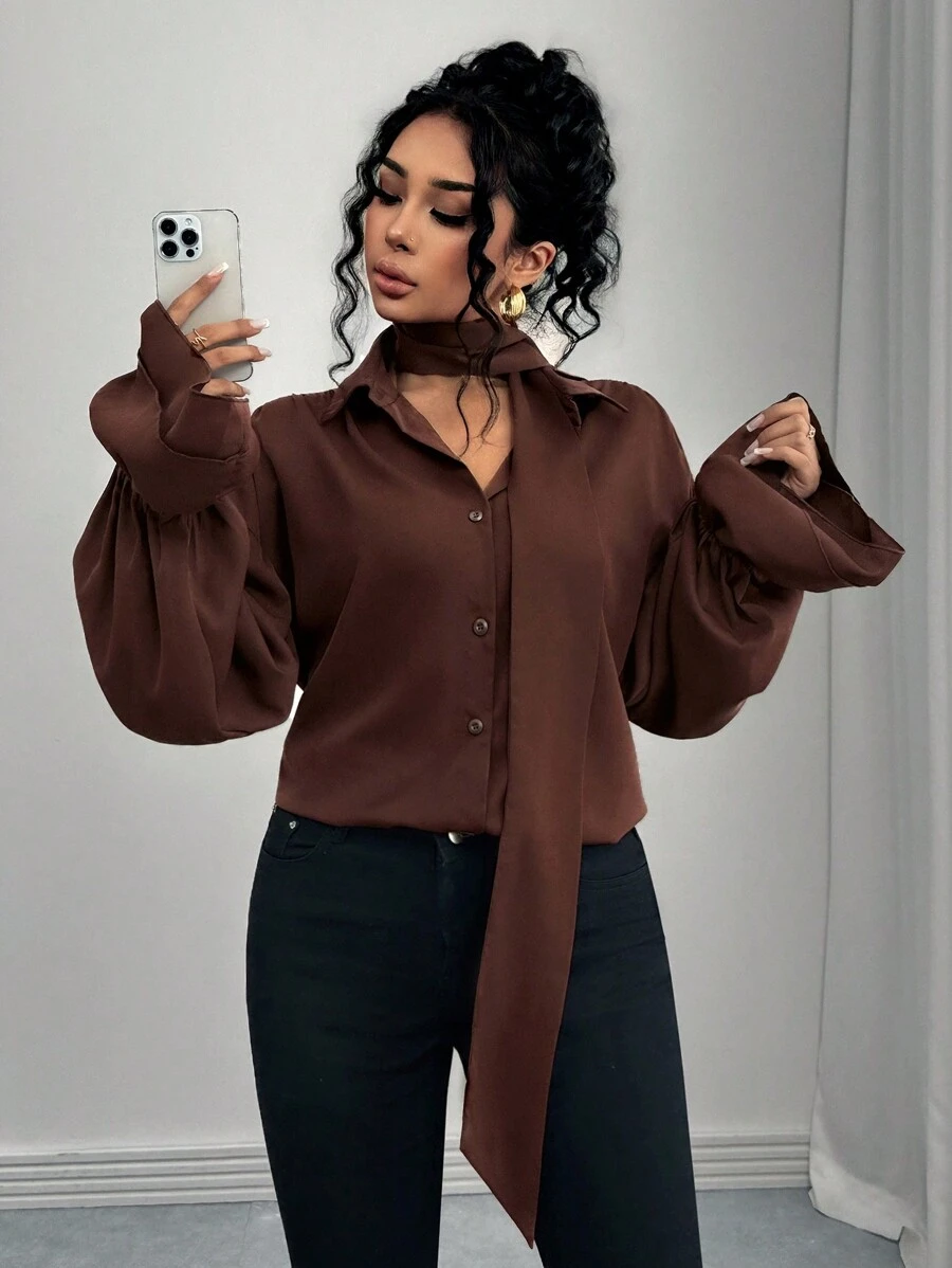 SHEIN Lady 女士纯色前扣长袖休闲上衣，日常穿着 - 巧克力棕 - 查看 1