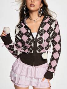 ROMWE Kawaii Y2K Himekaji Argyle Pattern Bowknot Front Cardigan For Women - Brown - View 3
