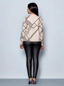 SOLERSUN Elegant Commuter Daily Outgoing Work Shirt For Women, Apricot Line Print V-Neck, Front Center Pleats, Long Sleeve (Random Floral) Fall Cloth For Women - Apricot - View 2