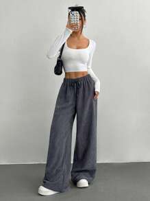 Muchica 灰色灯芯绒阔腿裤，纯色休闲时尚，适合日常穿着