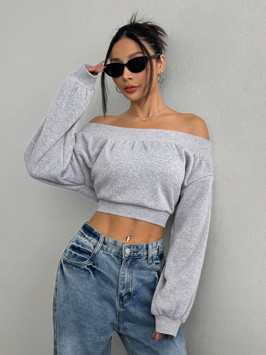 Muchica Women's Off Shoulder Long Sleeve Minimalist Cropped Top, Casual Daily Wear - Light Grey - View 1