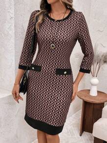 EMERY ROSE 女士纯色拼接圆领长袖口袋休闲短款工作连衣裙 - 粉色 - 查看 3