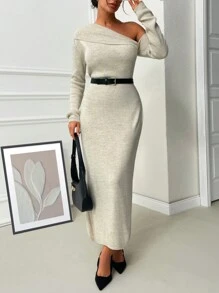 EURMUSE Woman One Shoulder Maxi Length Elegant Sweater Dress - Beige - View 7