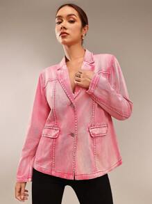 SHEIN BAE Women's Sexy Party Long Sleeve Pink Denim Jacket & Blazer - Pink - View 5