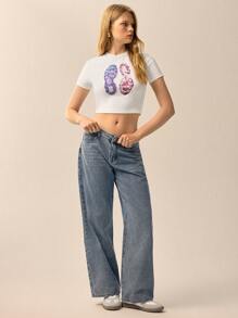 SHEIN Unity تي شيرت تي بنات صيفي قصير الأكمام وضيق مع تصميم مطبوع - أبيض - مشاهدة 4