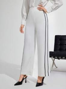 Modelyn Casual Contrast Trim High Waist Wide Leg Pants - White - View 6