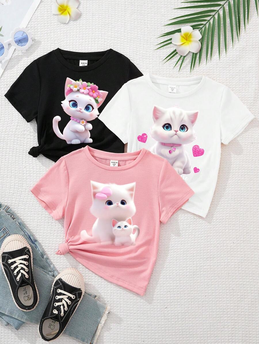 SHEIN 年轻女孩休闲卡通图案T恤，适合夏季 - 彩色 - 查看 1