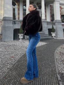 RueChic Elastische mid waist flare jeans met jacron - Medium gebleekt - Bekijken 1