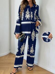 SHEIN 2pcs Maternity Front Button Shirt With Floral Print And Full Length Pants Set - Royal Blue - View 1