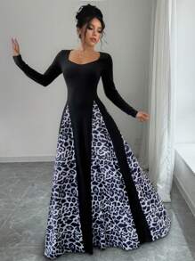 Chiquease Vestido de mujer de manga larga, cuello de corazón, estampado de leopardo en bloques de color, vestido largo de mujer para otoño/invierno