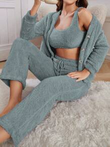 3-delige dames pluche effen kleur sexy outfitset - vest, broek en jas, casual, herfst/winter