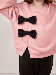 Cozy Pixies Young Girl Fashionable 3D Bow Crew Neck Drop Shoulder Pink Pullover Sweatshirt - Pink - View 14