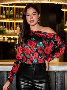 SHEIN Clasi Floral All-Over Print Asymmetrical Neck Long Sleeve Casual Top - Multicolor - View 5