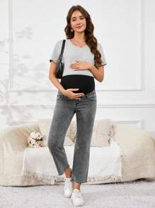 SHEIN Maternity Contrast Color Patchwork High Waist Tapered Leg Jeans - Grey - View 3