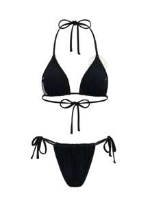 Swim Chiccia Springbreak Women 3-Piece Floral Halter Neck Triangle Bikini Set With Ruffled Trim Beach Dress Swimwear For Summer Beach Vacation - Black - View 8