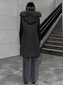 EURMUSE Women Fake Fur Hooded Long Zip Detailed Winter Coat - Black - View 2