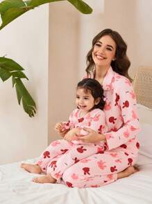 SHEIN 2pcs Baby Girl Cute Rabbit Full Print Textured Fabric Loose Fit Long Sleeve Top And Long Pants Casual Home Outfit Set - Pink - View 3