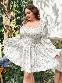 Lyrianda Plus Size Women Square Neck & Ruffle Trim Long Sleeve Ditsy Floral Patchwork Mini A-Line Dress, Elegant & Cute Resort Dress - Multicolor - View 7