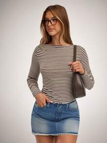 Forever 21 Women Casual Stripe Slim Long Sleeve T-Shirt, Autumn - Brown - View 3