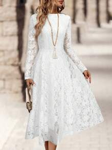 EMERY ROSE Elegant White Lace Dress, Long Sleeves, A-Line Silhouette, Perfect For Weddings, Parties, And Special Events,Prom Dress - White - View 5