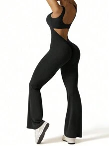 SHEIN Privé Pantalones de pierna ancha de unicolor para yoga de verano de talla grande para mujeres con diseño calado, overol negro entallado de una pieza tipo mono - Negro - Ver 9