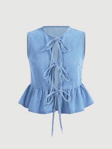 SHEIN MOD 大码女式休闲宽松牛仔夹克，配领带腰带和荷叶边饰边，蓝色 - 淺色水洗藍 - 查看 5